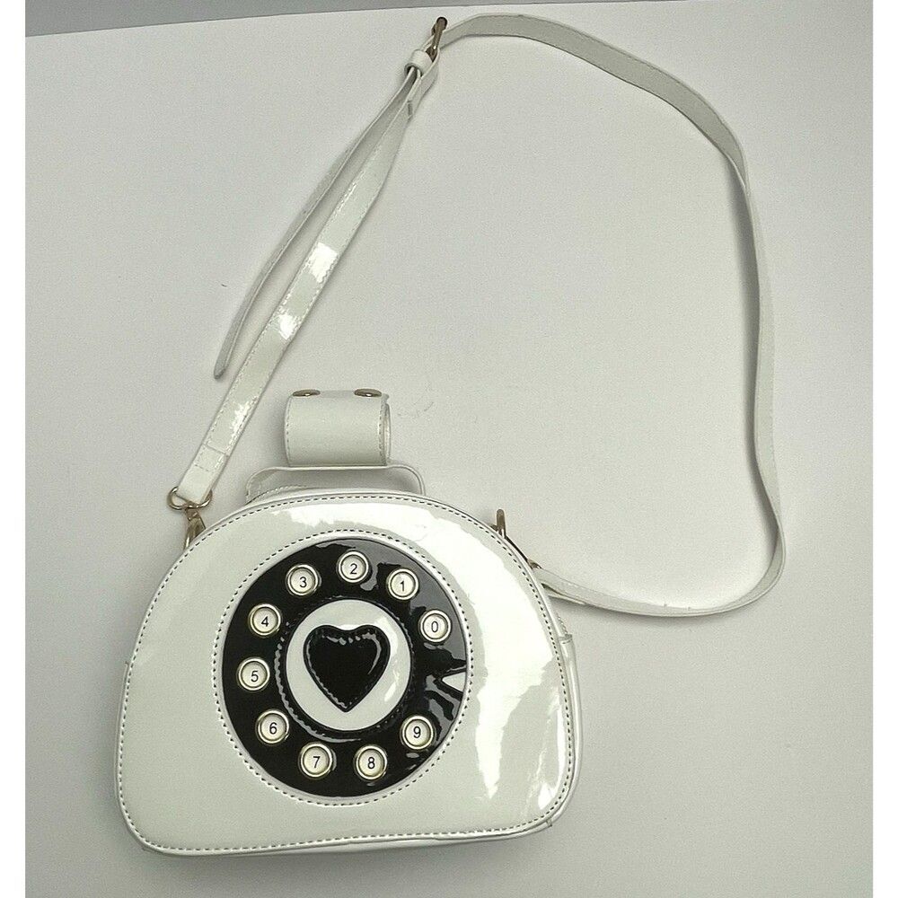 Telephone Purse Handbag White Black Dial Heart Long Strap Patent Leather